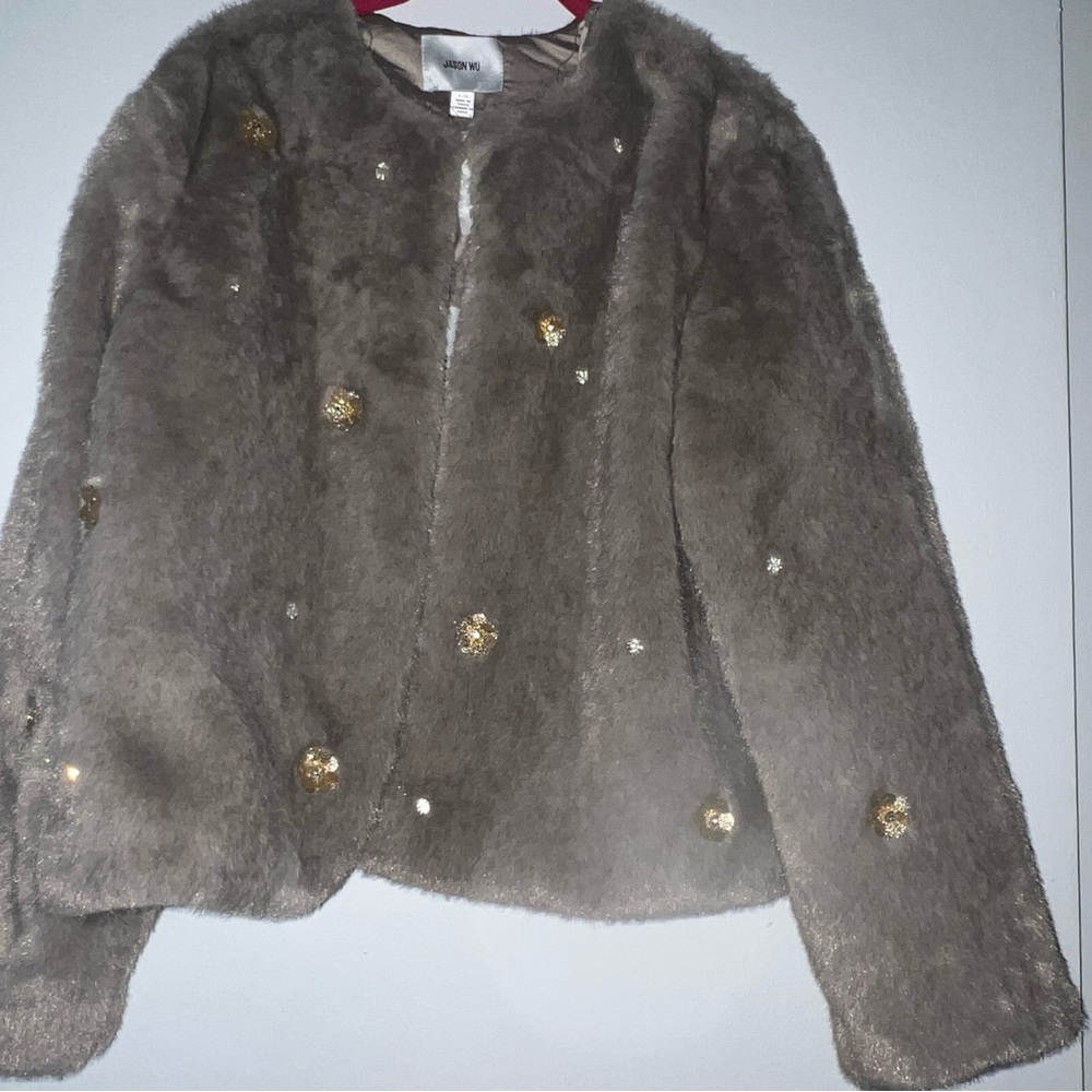 Jason Wu Faux Fur crop jacket with Floral Accents and stones- new size L